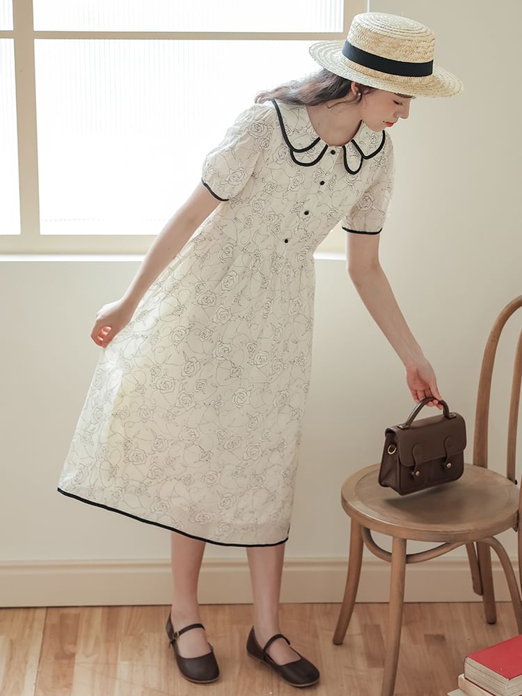 Short-Sleeve Collar Floral Midi A-Line Dress