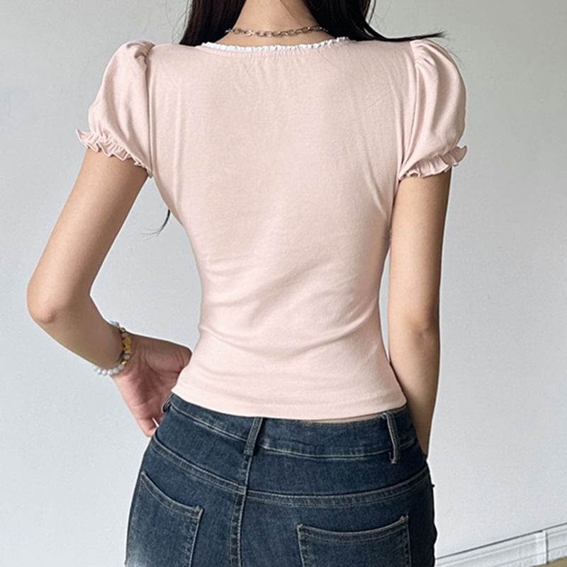 Short Sleeve Square-Neck Ruffled-Trim Ribbon Bow Accent Slim-Fit Crop Top