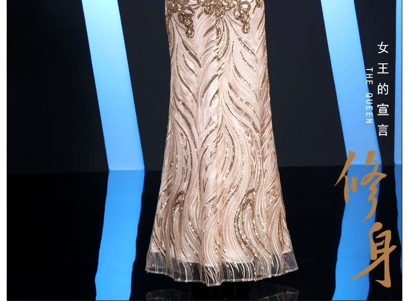 Trumpet Patterned Short-Sleeve Sequin Evening Gown Neck Round