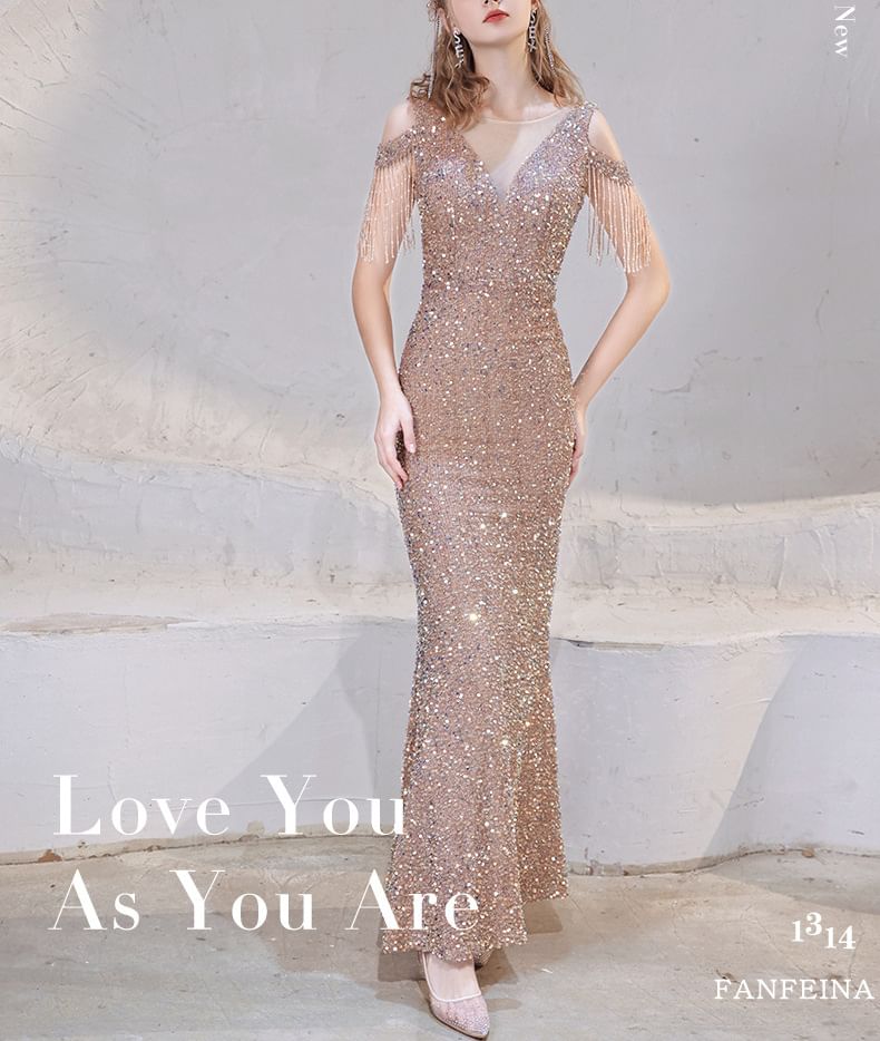 Trumpet Beaded Cap Shoulder Sleeve Cold Fringe Dress Sequin Evening