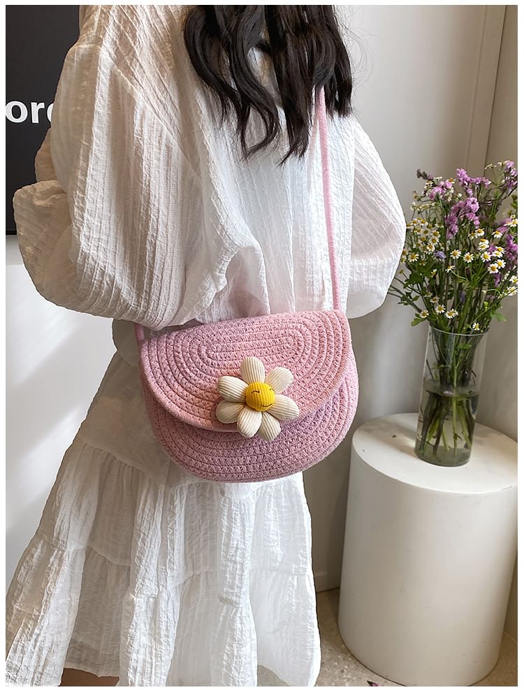 Floral Accent Woven Saddle Crossbody Bag