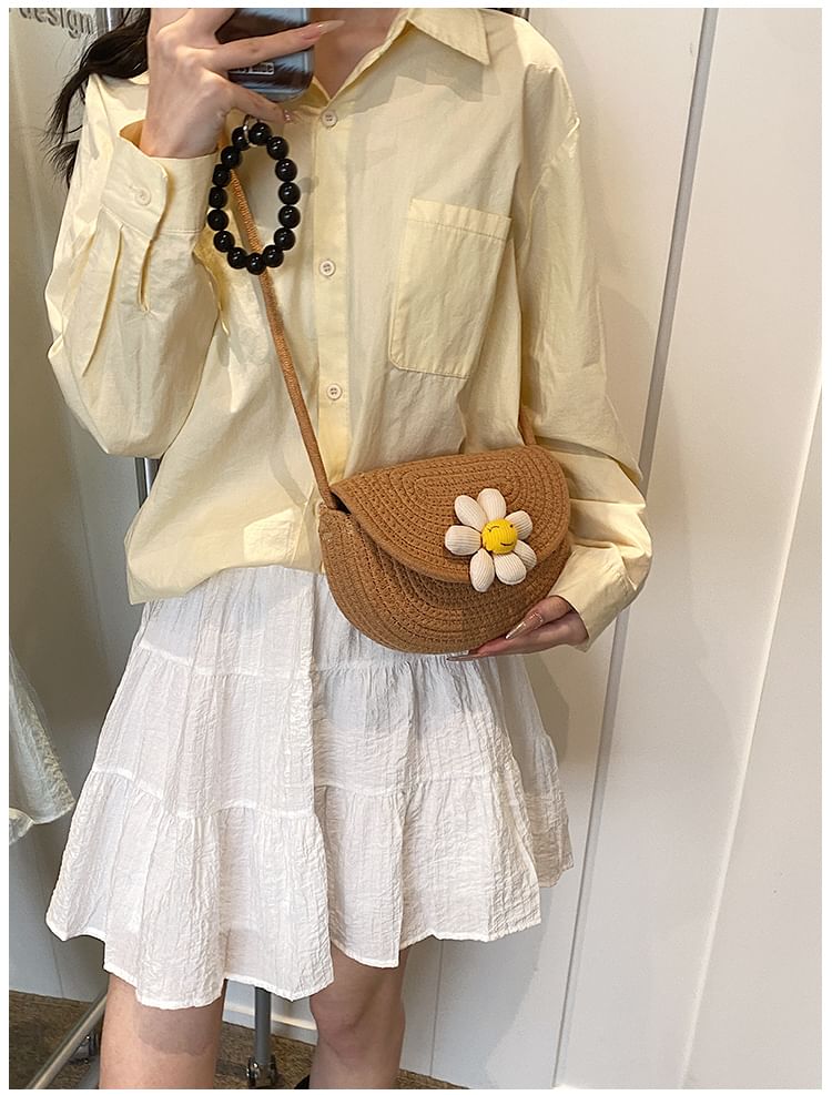 Floral Accent Woven Saddle Crossbody Bag