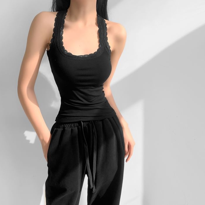 Scoop-Neck Lace-Trim Racerback Crop Tank