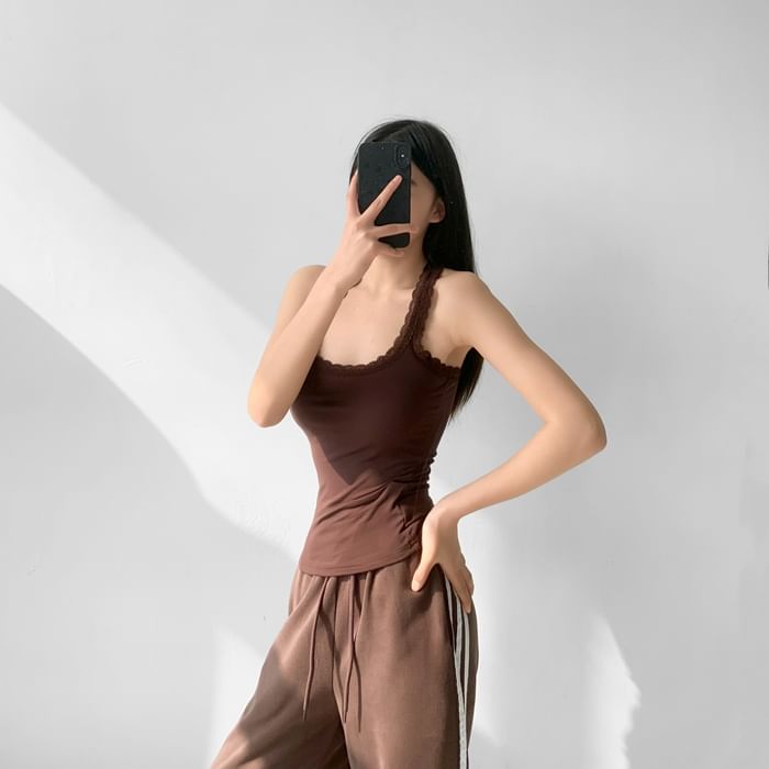 Scoop-Neck Lace-Trim Racerback Crop Tank