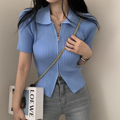 Short-Sleeve Collared Plain Zip Knit Top