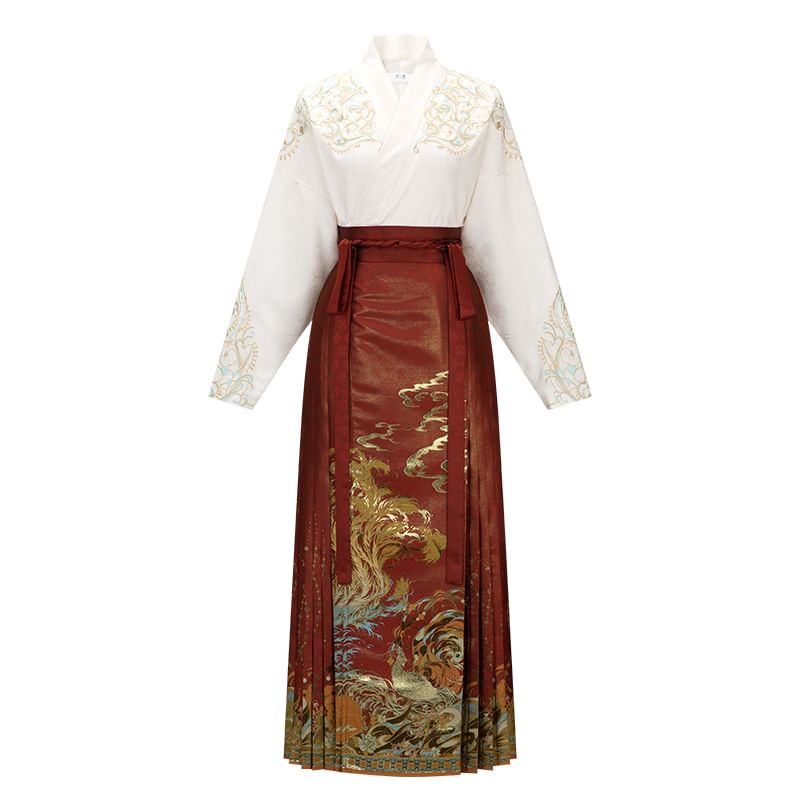 Traditional Chinese Long-Sleeve Top / Print Maxi A-Line Pleated Skirt / Necklace / Set