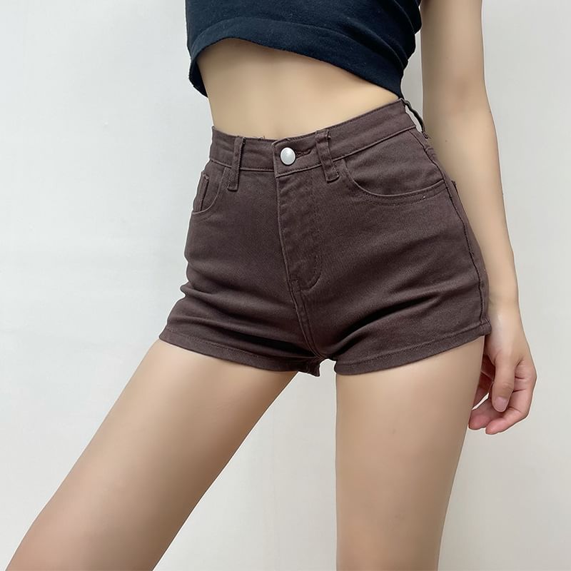 High Waist Plain Washed Denim Shorts