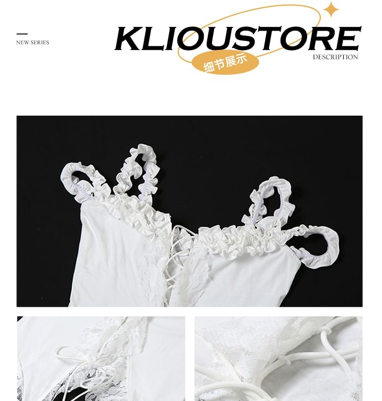 Off-Shoulder Asymmetrical Lace-Panel Frill Cutout Crop Top
