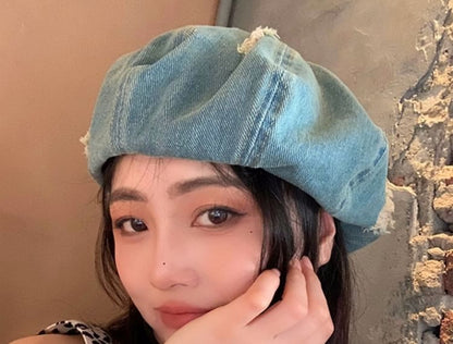 Denim Distressed Beret Hat