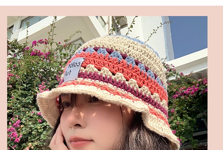 Lettering Applique Patterned Knit Bucket Hat