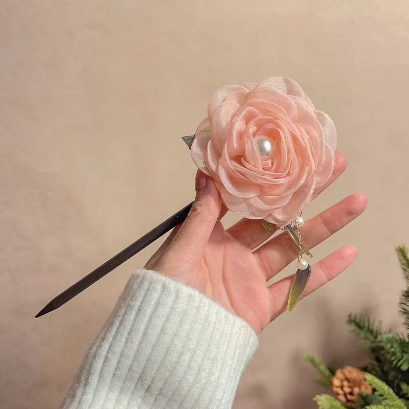 Floral Fabric Faux Pearl Wooden Hair Stick