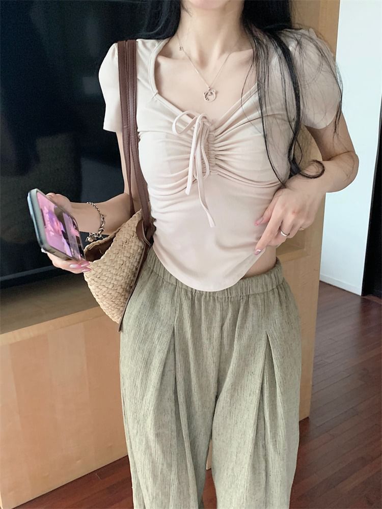 Drawstring Plain Short-Sleeve T-Shirt