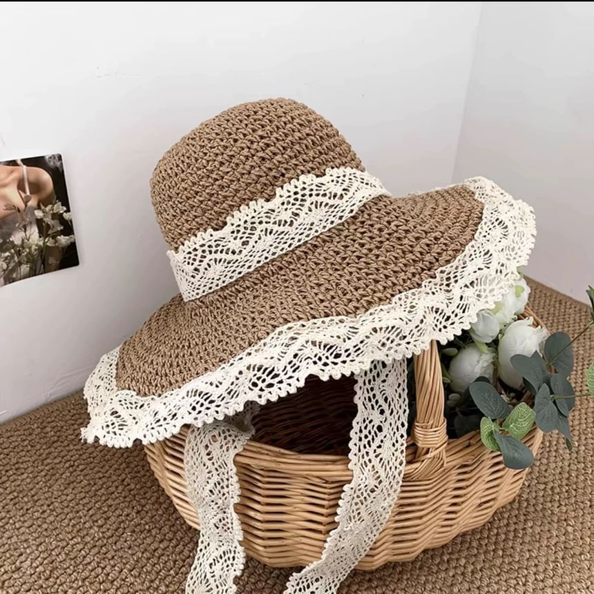 Lace Trim Straw Sun Hat