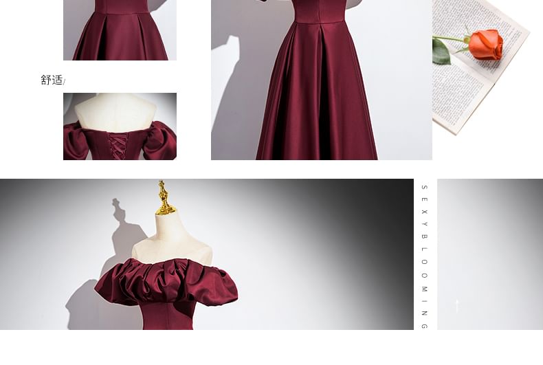 Puff-Sleeve Off-Shoulder Plain Evening Gown