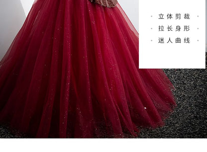 Off-Shoulder Sequin Mesh Panel A-Line Ball Gown