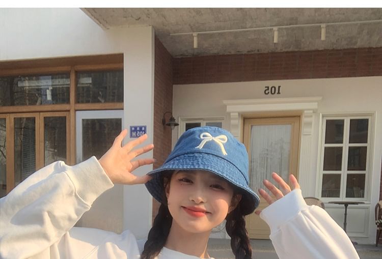 Hat Bucket Denim Bow Embroidered