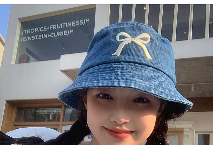 Hat Bucket Denim Bow Embroidered