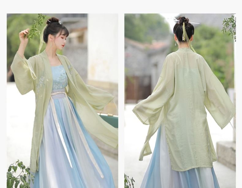 Flower Embroidered Hanfu Robe / Camisole Top / High Waist Gradient Maxi Skirt / Set