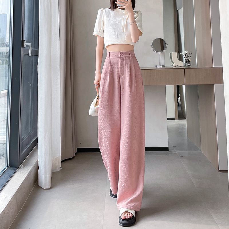 High Rise Plain Shirred Wide Leg Pants