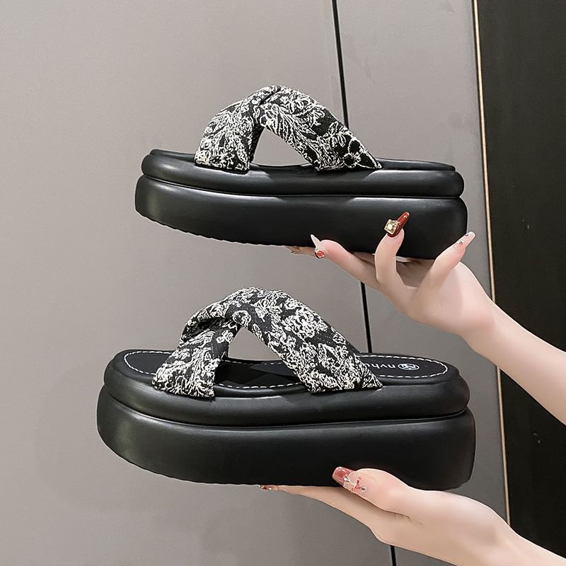 Sandals Slide Jacquard Platform Floral