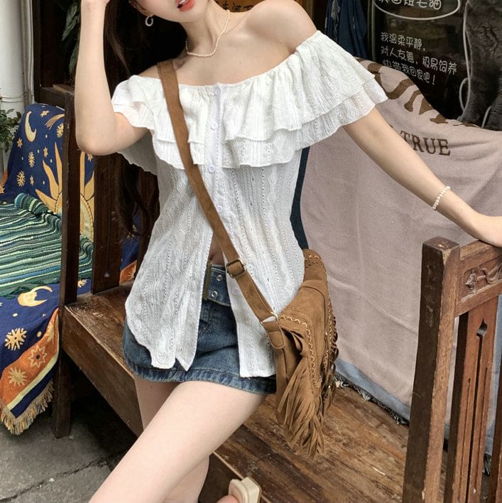 Off Ruffle Short-Sleeve Blouse Plain Shoulder