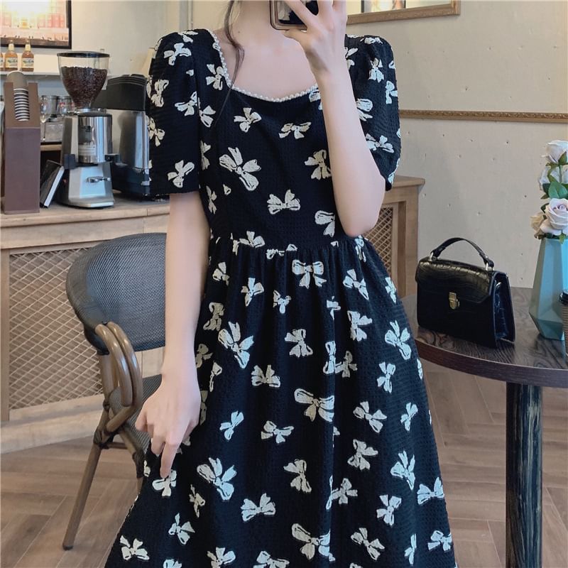 Midi Dress Neck Print Bow Tie Short-Sleeve A-Line Back Square Panel