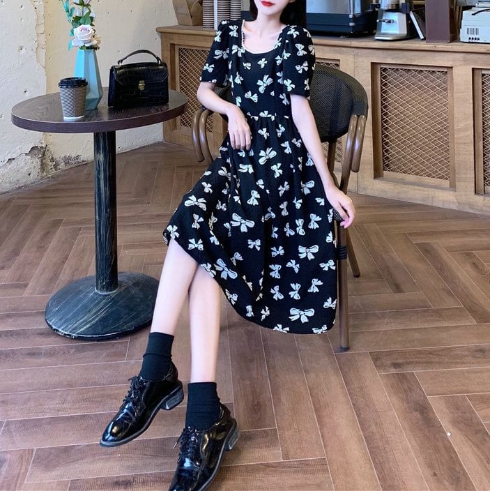 Midi Dress Neck Print Bow Tie Short-Sleeve A-Line Back Square Panel