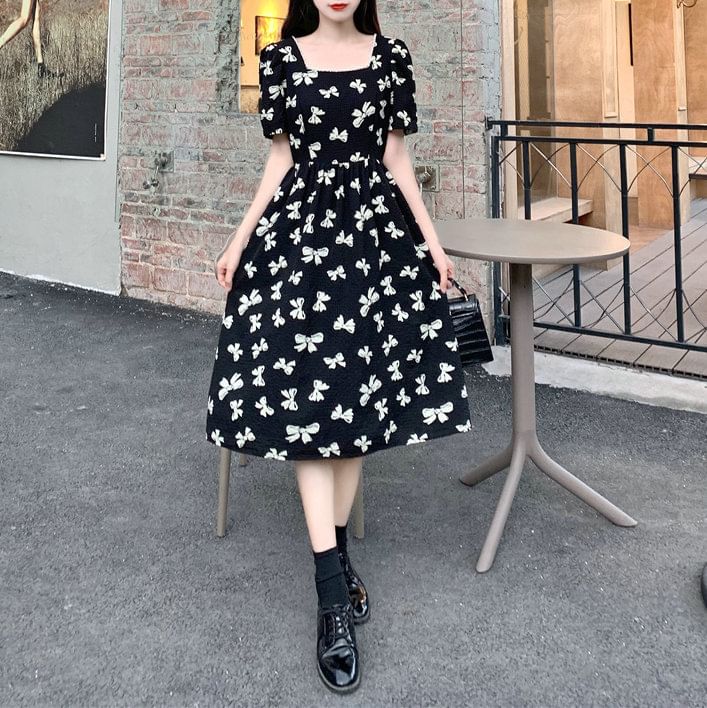 Midi Dress Neck Print Bow Tie Short-Sleeve A-Line Back Square Panel