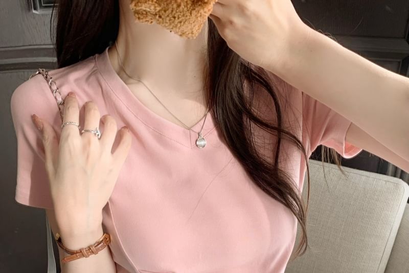 Asymmetrical V-Neck Plain Short-Sleeve T-Shirt Ruched