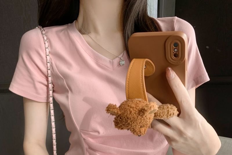 Asymmetrical V-Neck Plain Short-Sleeve T-Shirt Ruched