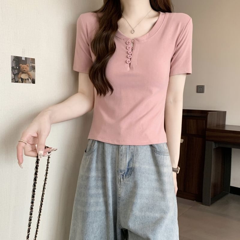 Henley T-Shirt Plain Short-Sleeve