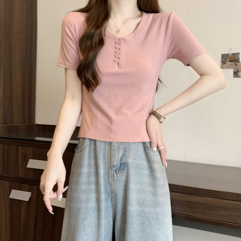 Henley T-Shirt Plain Short-Sleeve