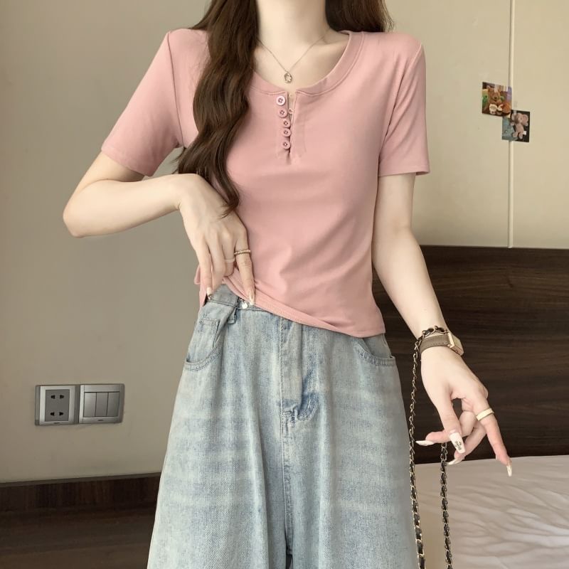 Henley T-Shirt Plain Short-Sleeve