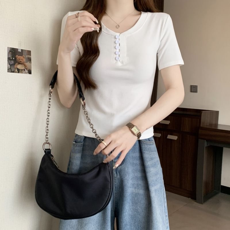 Henley T-Shirt Plain Short-Sleeve