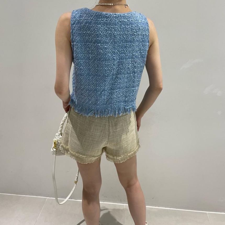 Round Neck Fringe Tweed Button Vest