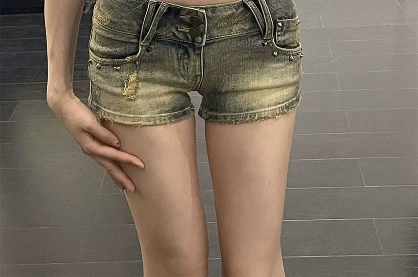 Low Rise Washed Distressed Denim Shorts