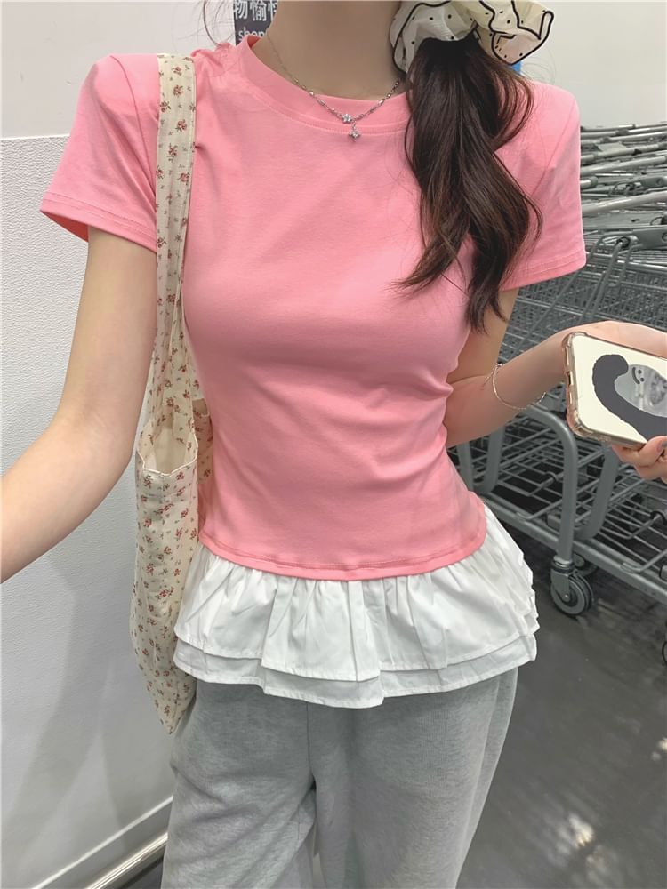 Short-Sleeve Crew Neck Peplum Slim Fit Tee