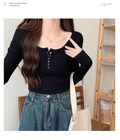 Long-Sleeve Henley Ribbed Crop Slim Fit T-Shirt