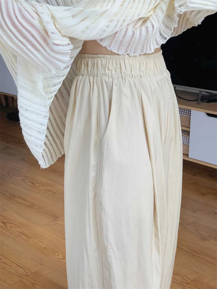 Elastic Waist Plain Wide Leg Pants