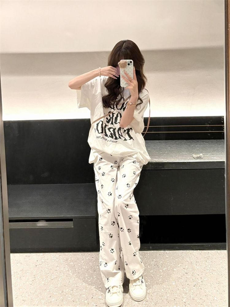 Elastic Waist Paw Print Loose Fit Pants