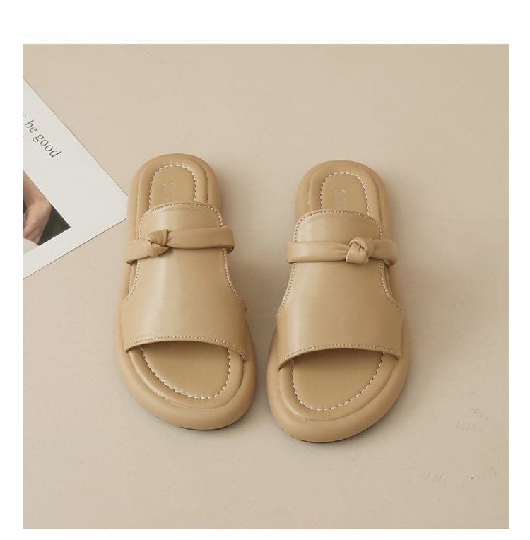 Platform Plain Knot Faux Leather Slide Sandals