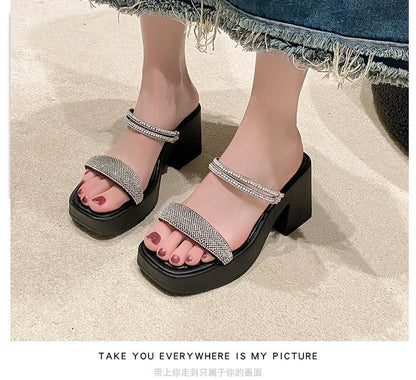 Chunky Heel Square Toe Rhinestone Strap Sandals