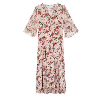 Short-Sleeve V-Neck Floral Print Frill Midi A-Line Dress