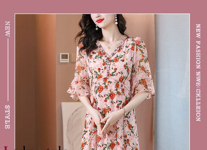 Short-Sleeve V-Neck Floral Print Frill Midi A-Line Dress