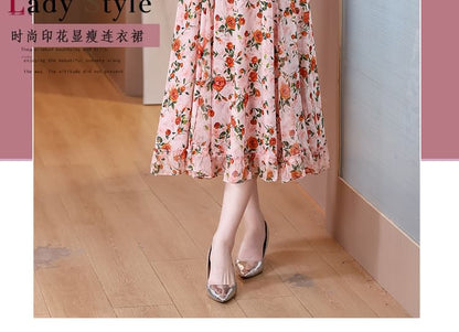 Short-Sleeve V-Neck Floral Print Frill Midi A-Line Dress