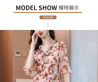 Short-Sleeve V-Neck Floral Print Frill Midi A-Line Dress