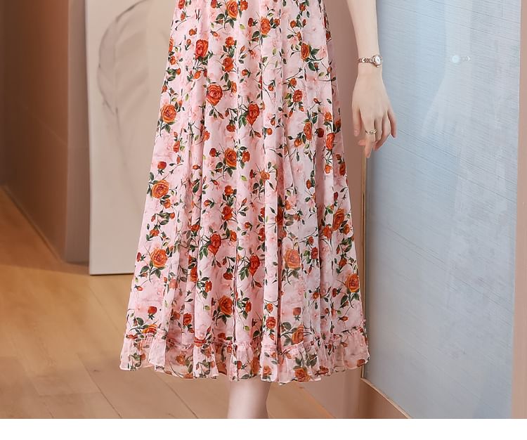 Short-Sleeve V-Neck Floral Print Frill Midi A-Line Dress