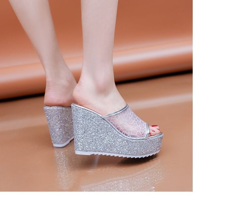 Plain Wedge Sandals Glitter Slide