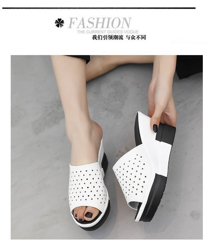 Plain Sandals Slide Wedge Pointelle