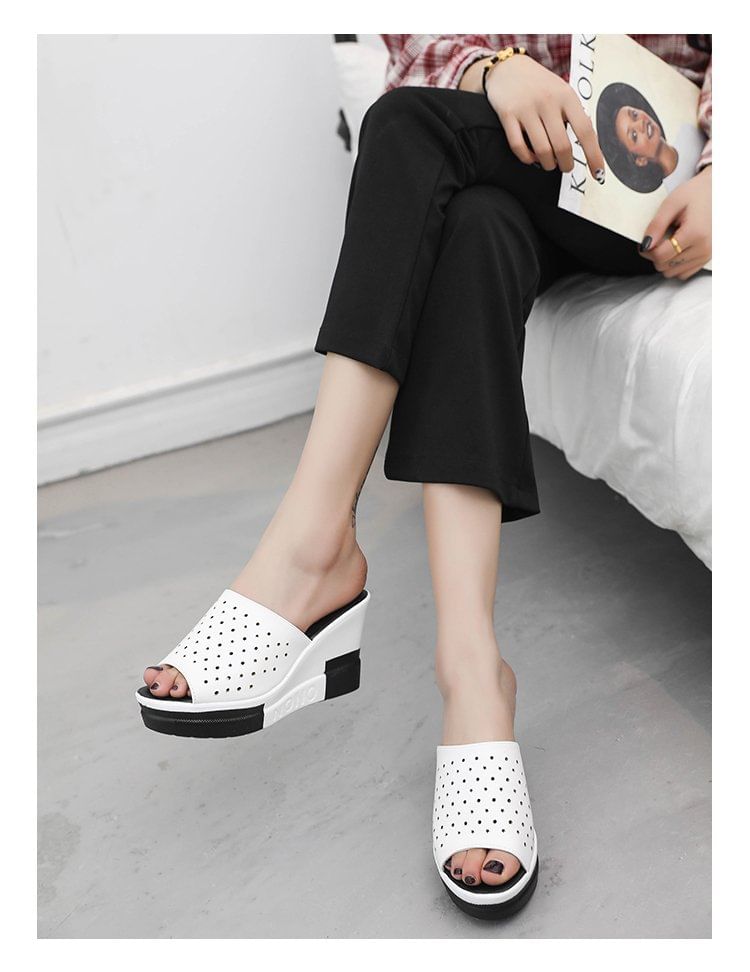 Plain Sandals Slide Wedge Pointelle